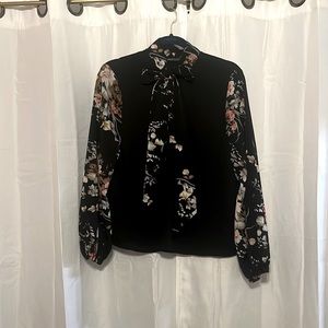 Black, Floral-Sleeve, Neck Tie, Blouse